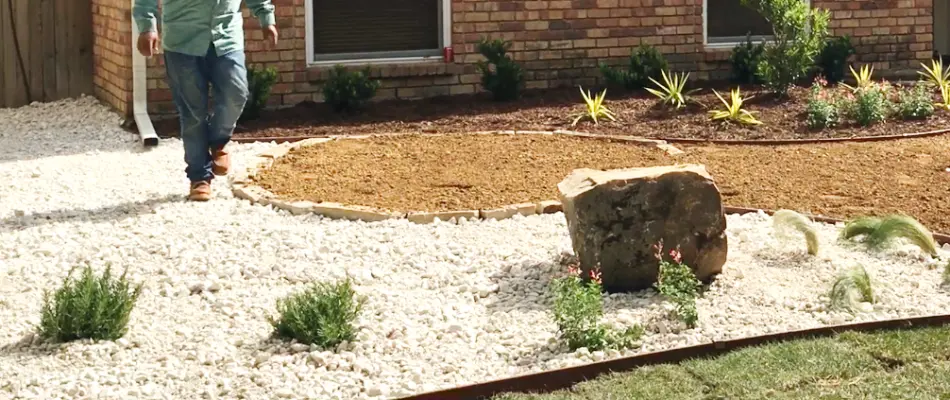 A landscape in Plano, TX, with rocks. 