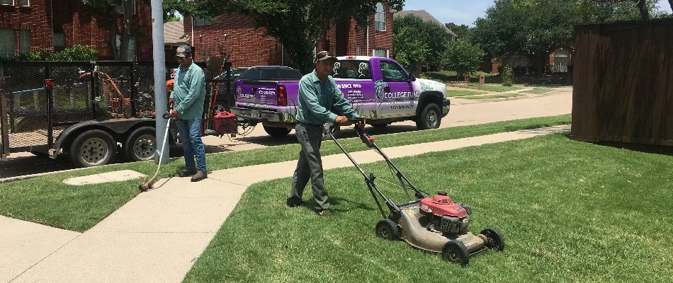 Crew mowing a lawn in Frisco, TX.