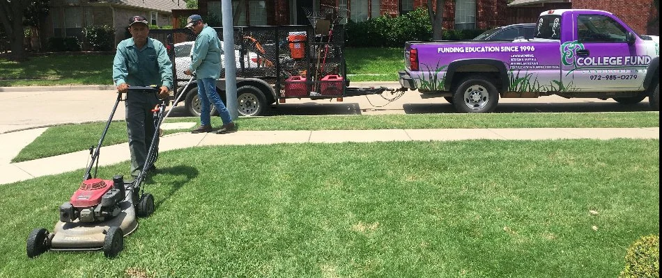 A lawn care professional mowing the lawn on a property in Parker, TX.