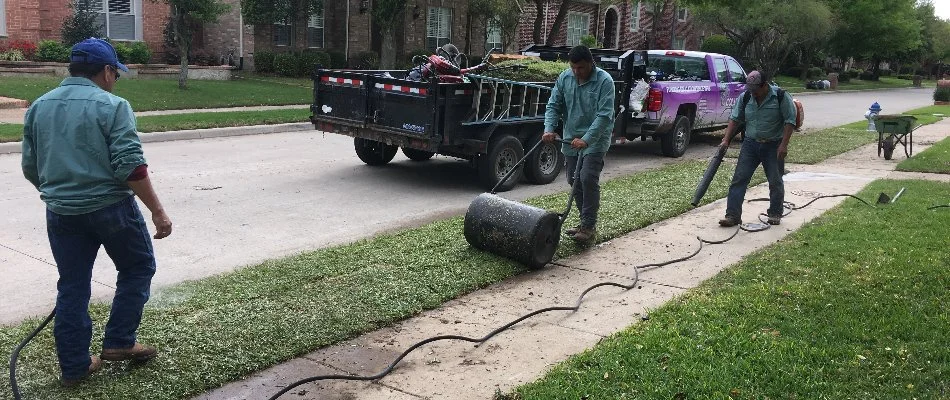 Sod being installed by lawn care employees in Little Elm, TX.