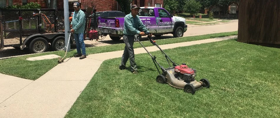 Workers in McKinney, TX, mowing a lawn. 